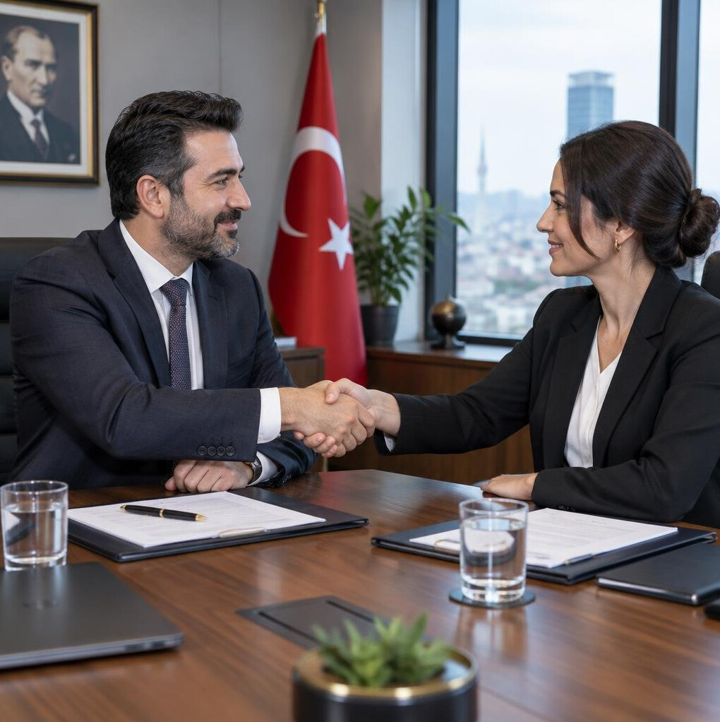 Two business people shaking hands over a meeting table