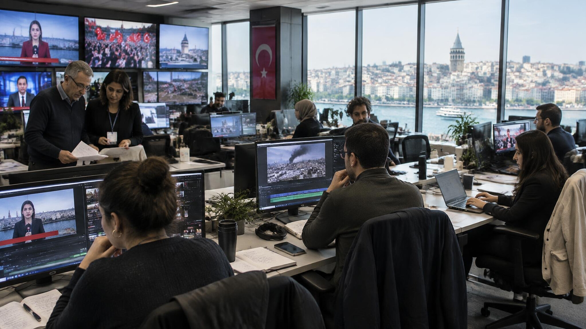 Journalists working at desks in a busy newsroom