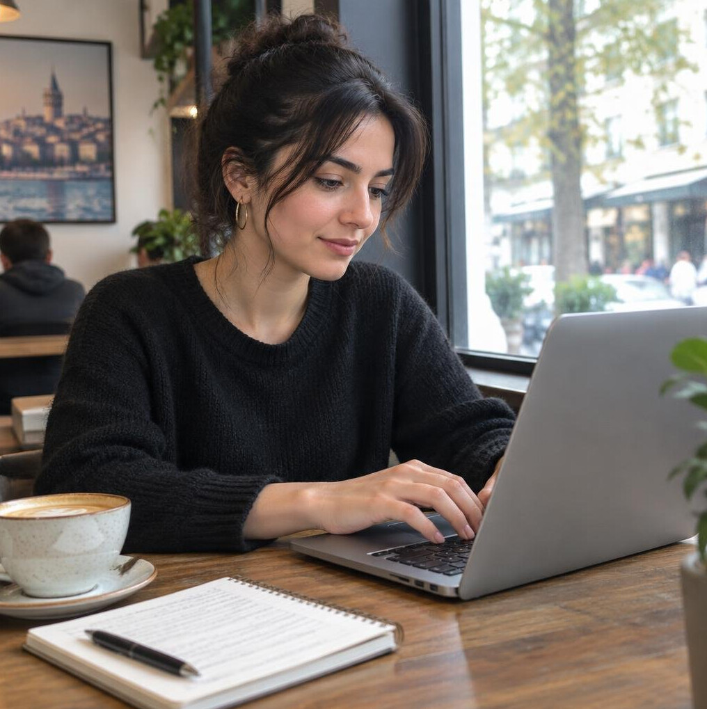 Writer typing an article on a laptop at a cafe table